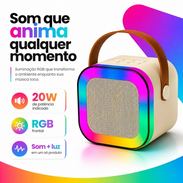 Caixa de Som Bluetooth 20W RGB com Microfone Sem Fio Karaokê Portátil USB TF AUX
