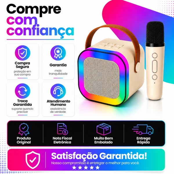 Caixa de Som Bluetooth 20W RGB com Microfone Sem Fio Karaokê Portátil USB TF AUX
