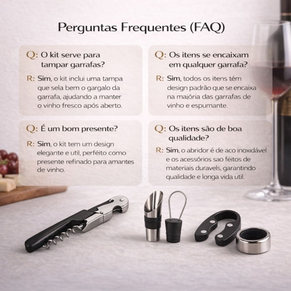 Kit Acessórios para Vinho 5 Peças Saca Rolhas e Dosador
