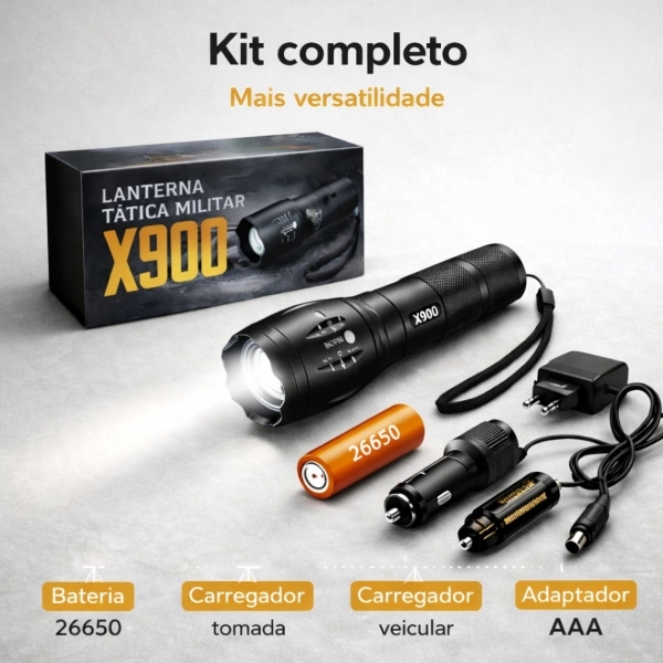 Lanterna Tática X900 Recarregável Zoom LED Potente