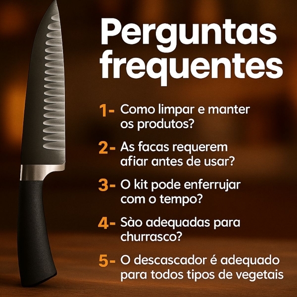 Kit Facas Cozinha 6 Peças Aço Inox Com Tesoura e Descascador