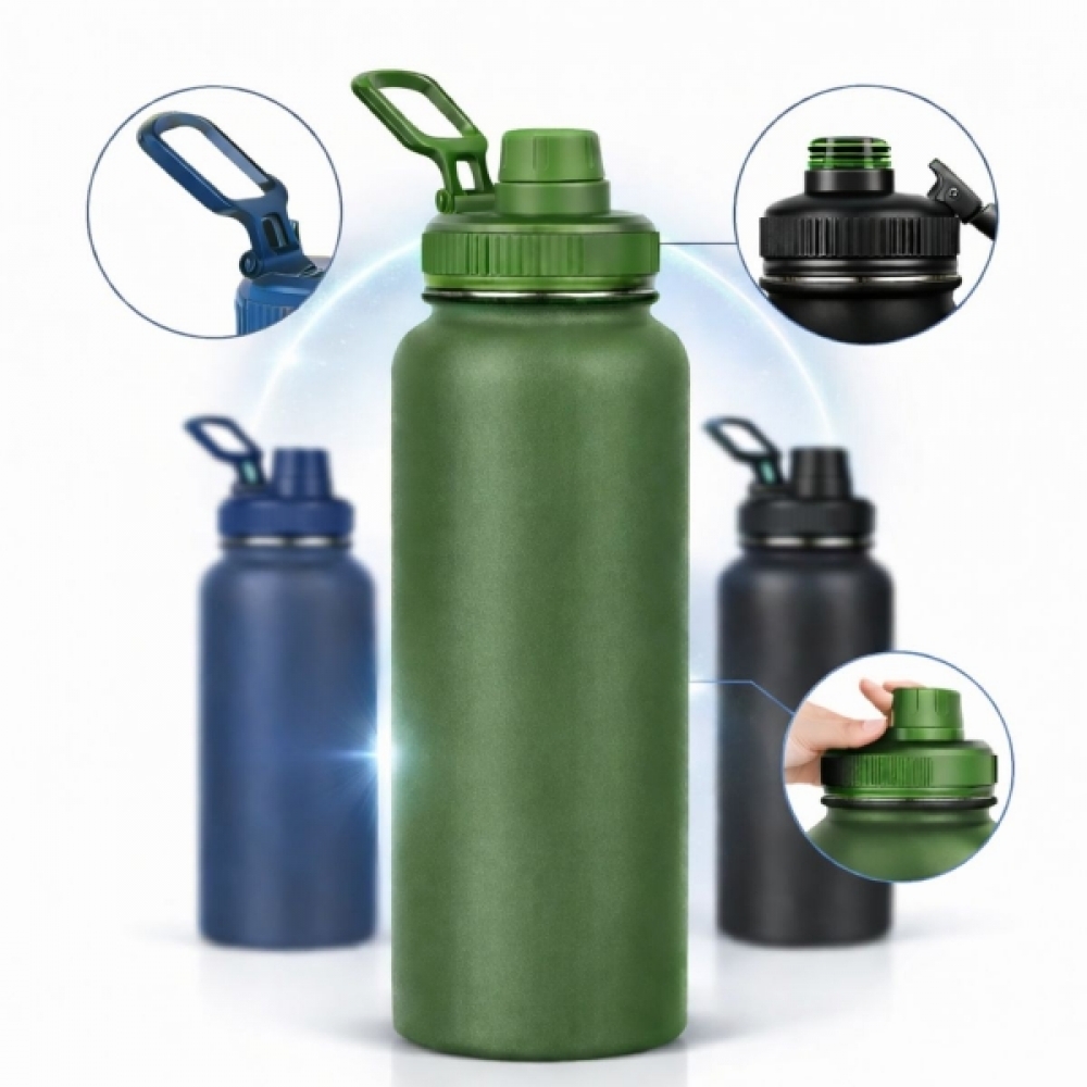 Garrafa Térmica Inox 1200ml Parede Dupla Isolamento a Vácuo Antivazamento com Alça 180° - Verde Militar